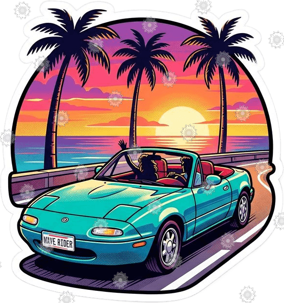 Retro 80s Convertible With Palm Trees Sunset